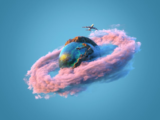 airplane flies over the small planet - obrazy, fototapety, plakaty