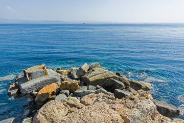 NEA POTEIDAIA, GREECE - MARCH 31, 2019: Panorama from Coastline of Nea Poteidaia, Kassandra, Chalkidiki, Central Macedonia, Greece