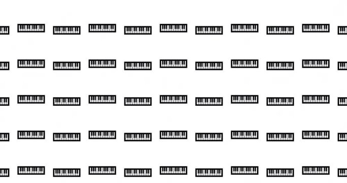 Illustrated music keyboard background video clip motion backdrop video in a seamless repeating loop. Black & white  musical instrument piano keys pattern white background high definition video