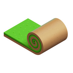 Turf roll with a green grass and light brown soil. Original vector icon. Design for promo of gardening service. Isometric view. Unrolled piece of   summer lawn. Simple details. Isolated clipart