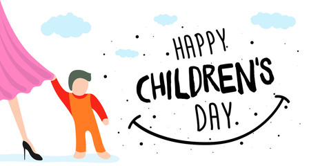 Happy Children Day greeting card, banner or poster. Little child clings to mom dress. World family holiday event design. Vector illustration with beautiful woman and kid