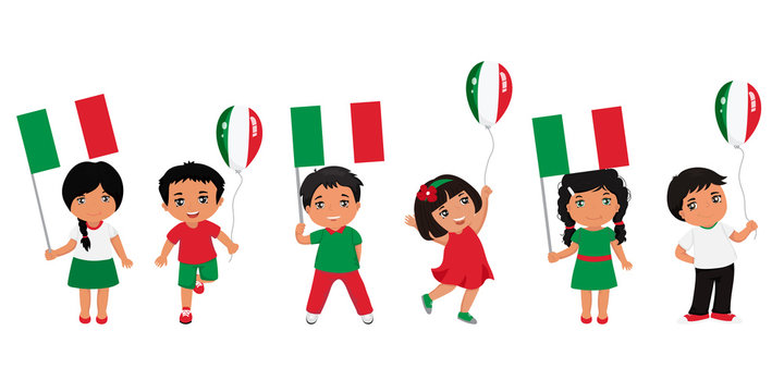 children holding Italian flags. Vector illustration. Modern design template