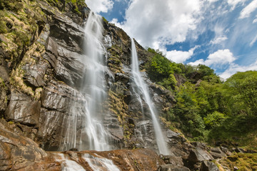 Acquafraggia Waterfalls (Cascate dell'Acquafraggia) in Valchiavenna valley in Lombardia, Italy on  a sunny spring day