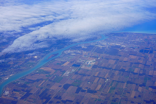 Aerial view of Windsor, Canada, the Detroit River and the Lake St Clair