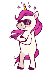 Cool unicorn wearing sunglasses, standing with folded arms cute cartoon vector character illustration isolated on white. Magic, fairy tale, dreams, believe in yourself, girl power theme design element © Elena