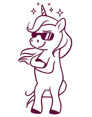 Cool unicorn wearing sunglasses, standing with folded arms cute cartoon vector character black and white illustration isolated on white. Believe in yourself, girl power, attitude coloring book page.