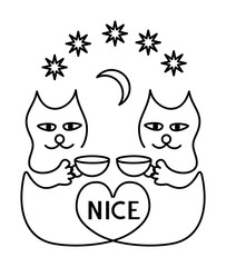 Two cartoon black and white cats. Couple cats with cup of coffee or tea. Moon and stars. text: nice. Vector Art.