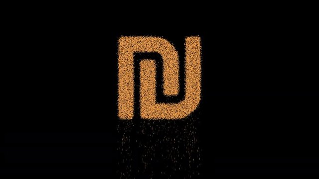 Symbol shekel sign appears from crumbling sand. Then crumbles down. Alpha channel Premultiplied - Matted with color black