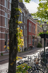 Fototapeta na wymiar 12 May 2019 Leiden, Netherlands, Traditional Dutch facades and canal street after heavy rain