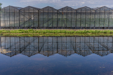 Image of greenhouse with reflection in canal water