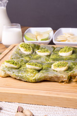 Traditional Gaziantep Dessert Katmer with Pistachio Powder