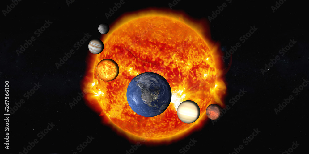 Wall mural the sun with solar system planets in outer space. planetary system concept. elements of this image w