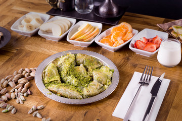 Traditional Gaziantep Dessert Katmer with Pistachio Powder