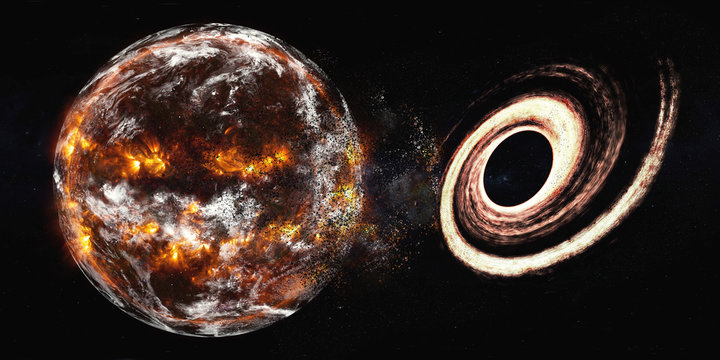 Planet Earth of Solar system explosion near black hole in the outer space. Humanity end. Planetary death concept. Elements of this image were furnished by NASA.