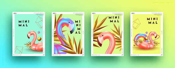 Set cover poster pink flamingo and 3d objects of different shapes, gold palm leaves, geometric volume elements. Design Minimal Abstract Background. Trendy banner, page website. party style. flyer card © lauritta
