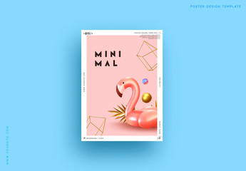 Cover poster pink flamingo and 3d objects of different shapes, gold palm leaves, geometric volume elements. Design Minimal Abstract Background. Trendy banner, flyer, page website.
