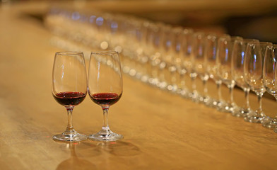 A glass of red wine is on the table