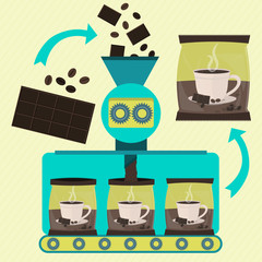 Coffee and chocolate powder line series production. Factory of packed coffee and chocolate powder. Chocolate bar and fresh bean coffee being processed and ground. Packing coffee and chocolate powder.