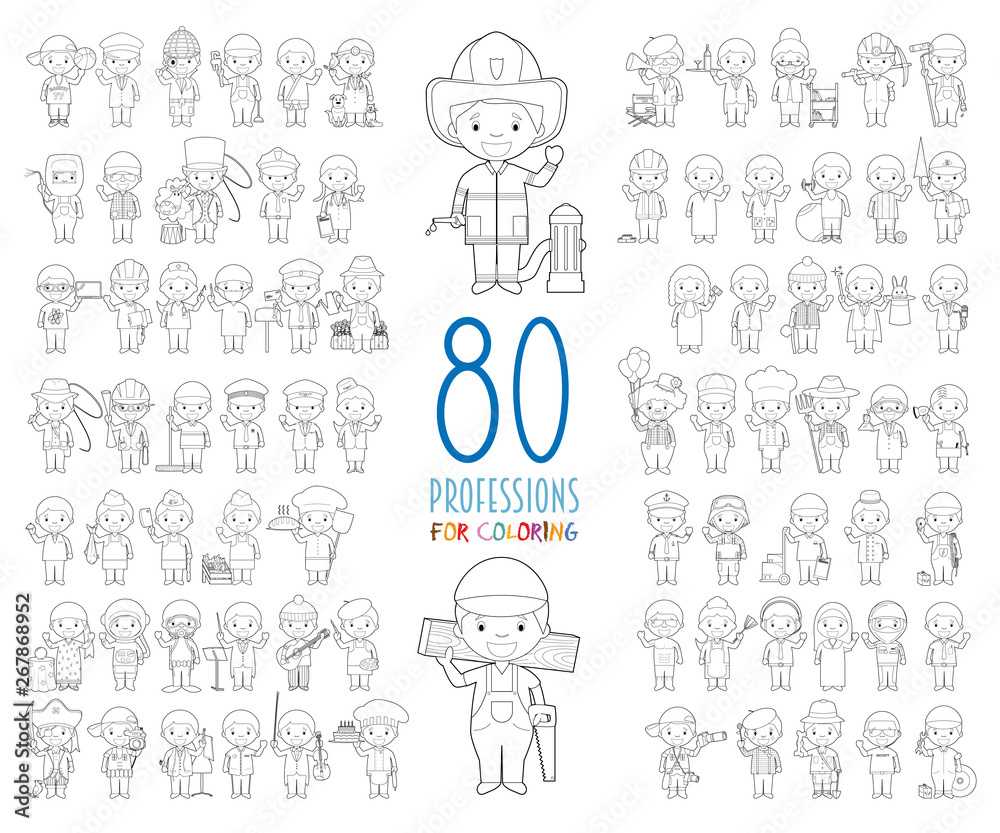 Wall mural kids vector characters collection: set of 80 different professions for coloring in cartoon style.