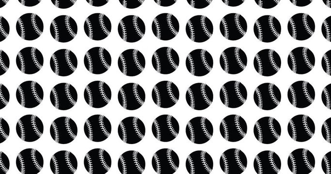 Illustrated baseballs background video clip motion backdrop video in a seamless repeating loop. Black & white baseball icons sports pattern white background high definition motion video