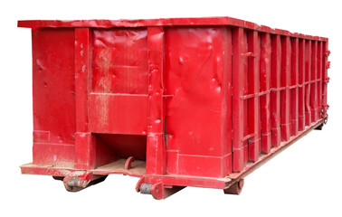 Isolated rugged red industrial dumpster.