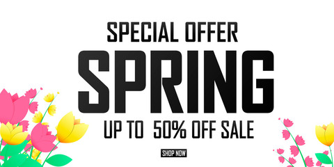 Spring Sale, up to 50% off, poster design template, Super Spring offer, vector illustration