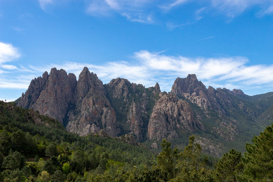 Bavella Needles, typical mountain landscape of Corsica, France.