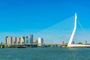 Lichtdoorlatende gordijnen Erasmusbrug Wolkenkrabbers en Erasmusbrug in Rotterdam, Nederland