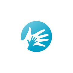 Fototapeta na wymiar Child Care Logo, Little Hand Holding In Big Hand Silhouette In Blue Circle Background