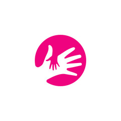 Fototapeta premium Child Care Logo, Little Hand Holding In Big Hand Silhouette In Pink Circle Background