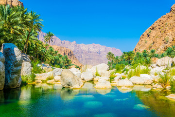 Lagoon with turqoise water in Wadi Tiwi in Oman.