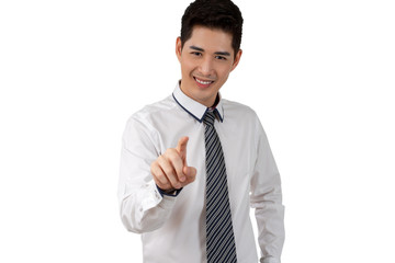 Happy young businessman in suit looking at camera on white background, isolated concept