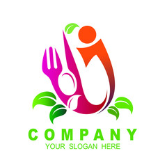 Design modern logos for business. Vector illustration logo healthy food. Green leaf and cutlery, Spoon, fork, and knife. Logo letter j  
