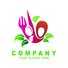 Design modern logos for business. Vector illustration logo healthy food. Green leaf and cutlery, Spoon, fork, and knife. Logo letter o  