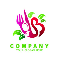 Design modern logos for business. Vector illustration logo healthy food. Green leaf and cutlery, Spoon, fork, and knife. Logo letter b