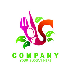 Design modern logos for business. Vector illustration logo healthy food. Green leaf and cutlery, Spoon, fork, and knife. Logo letter c