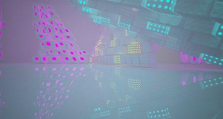 Abstract  white Futuristic Sci-Fi interior With Pink, Blue And Green Glowing Neon Tubes . 3D illustration and rendering.