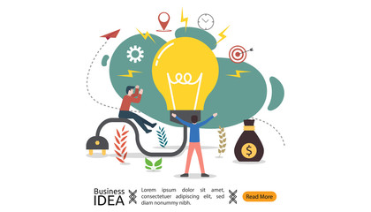 teamwork business brainstorming Idea concept with big yellow light bulb lamp, small people character. creative innovation solution. template for web landing page, banner, presentation, social media.
