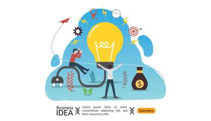 teamwork business brainstorming Idea concept with big yellow light bulb lamp, small people character. creative innovation solution. template for web landing page, banner, presentation, social media.