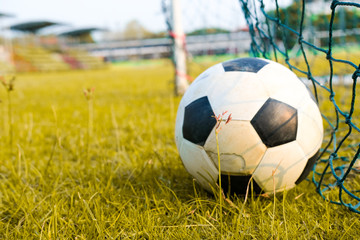 Fototapeta na wymiar Soccer ball in green field, Soccer ball on grass, vintage style,copy space