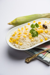 Corn Rice made using boiled Maize seeds with basmati rice, served in a bowl. selective focus 