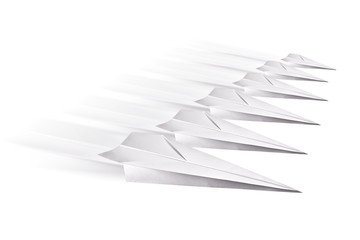 Concept of leadership and creativity, image of business use or professional motivation. Paper airplanes flying together on white background isolated.