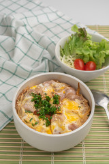 Close up rice bowl topped with deep-fried pork cutlet and eggs decorated with salad in Japanese style