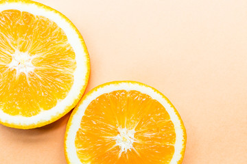 Sliced orange close up, Popular healthy fruit. Flat lay photography, Top view, overhead