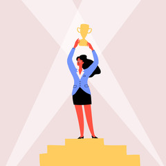 Business woman winner with award flat concept illustration
