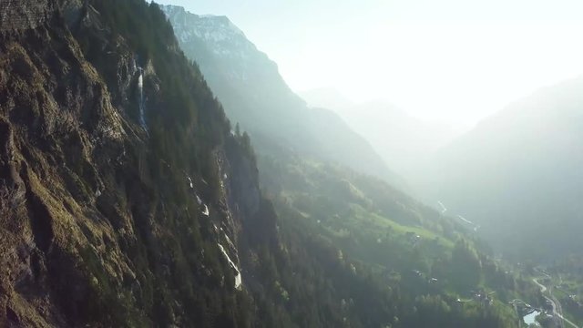 Aerial footage of the Fallbach in the valley of Grindelwald, Switzerland.