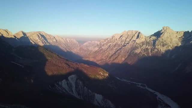 Valbone Valley during sunset hiking in the Albania Alps during fall season