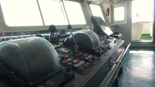 Navigation Bridge of Ship Captains Wheel, Control of the Ship, Steering Wheel. View of Sailing Master Navigator Room