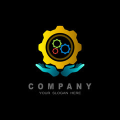gear in hand vector icon,simple isolated sign, cogwheel,