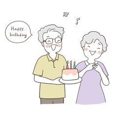 Vector elderly senior grandfather with cake celebrate birthday.